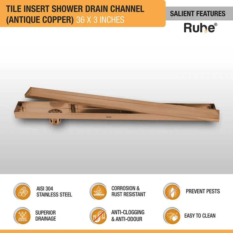 Tile Insert Shower Drain Channel (36 x 3 Inches) Antique Copper PVD Coated - by Ruhe