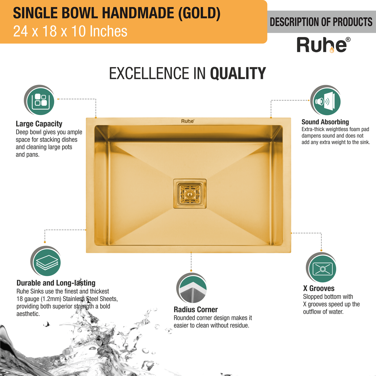 Yellow Gold Handmade Single Bowl Premium Stainless Steel Kitchen Sink ( 24 x 18 x 10 Inches) - by Ruhe®