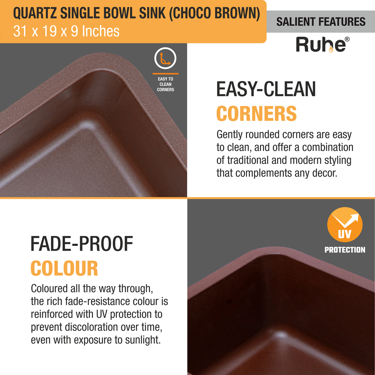 Quartz Single Bowl Kitchen Sink - Choco Brown (31 x 19 x 9 inches) - by Ruhe®