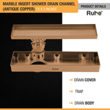 Marble Insert Shower Drain Channel (12 x 3 Inches) ROSE GOLD PVD Coated with drain cover, trap, drain body