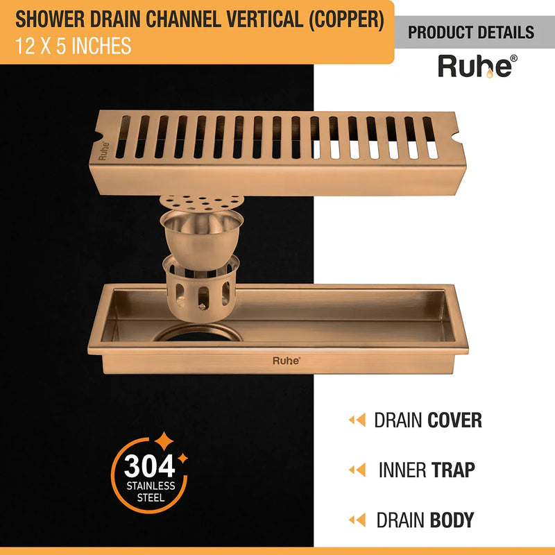 Vertical Shower Drain Channel (12 x 5 Inches) Antique Copper PVD Coated - by Ruhe