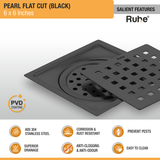 Pearl Square Flat Cut Floor Drain in Black PVD Coating (6 x 6 Inches) - by Ruhe