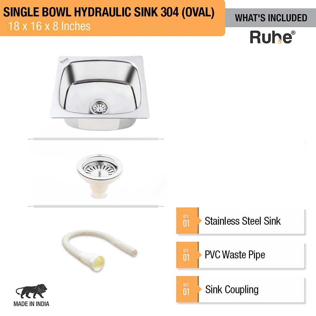 Oval Single Bowl 304-Grade Kitchen Sink (18 x 16 x 8 inches)– by Ruhe