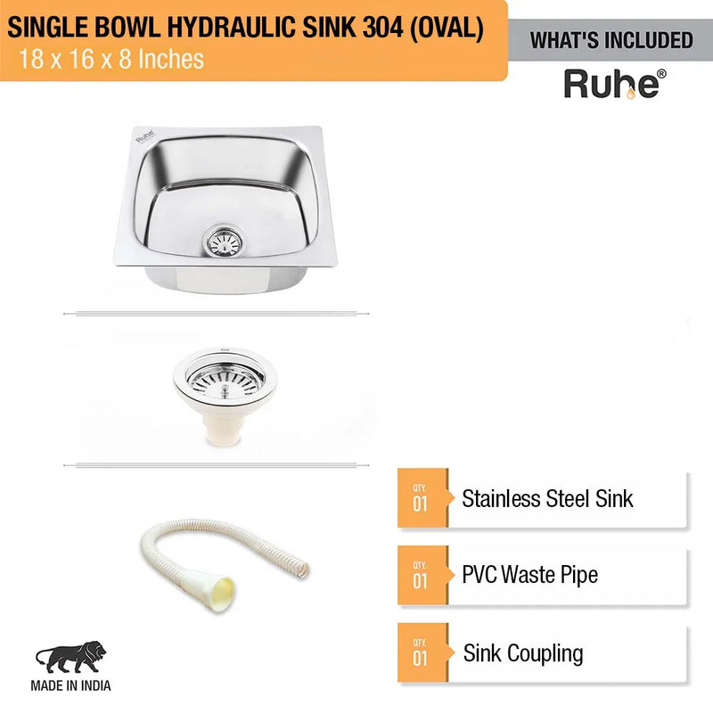 Oval Single Bowl Kitchen Sink 304 Grade (18 x 16 x 8 Inches)