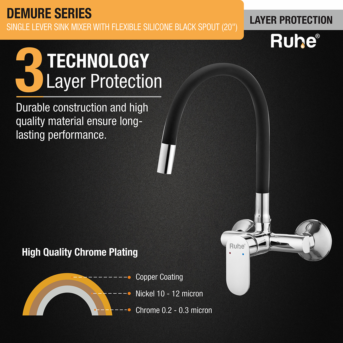 Demure Single Lever Wall-mount Sink Mixer Brass Faucet with Black Silicone Spout - by Ruhe®