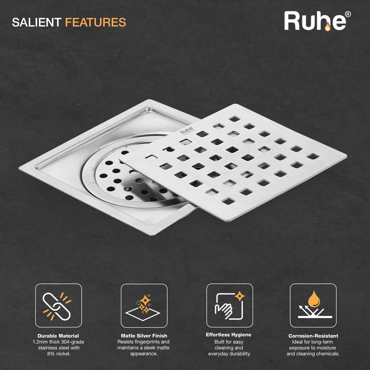Pearl Square Flat Cut Floor Drain