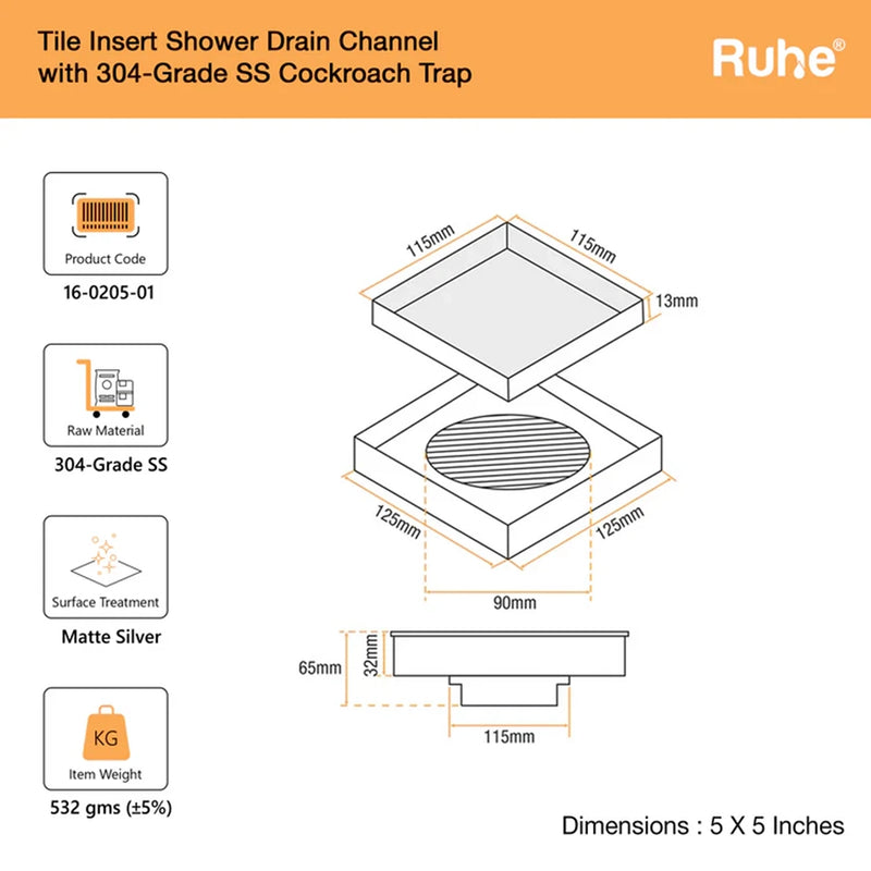 Tile-Insert Shower Drain Channel (5 x 5 Inches)