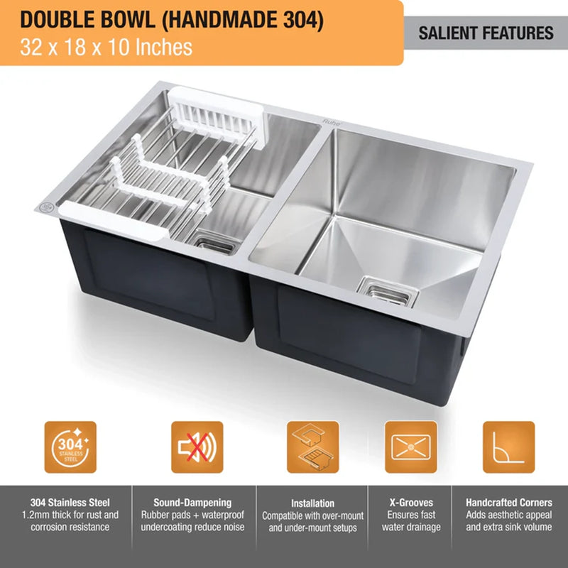 Handmade Double Bowl Kitchen Sink (32 x 18 x 10 Inches)
