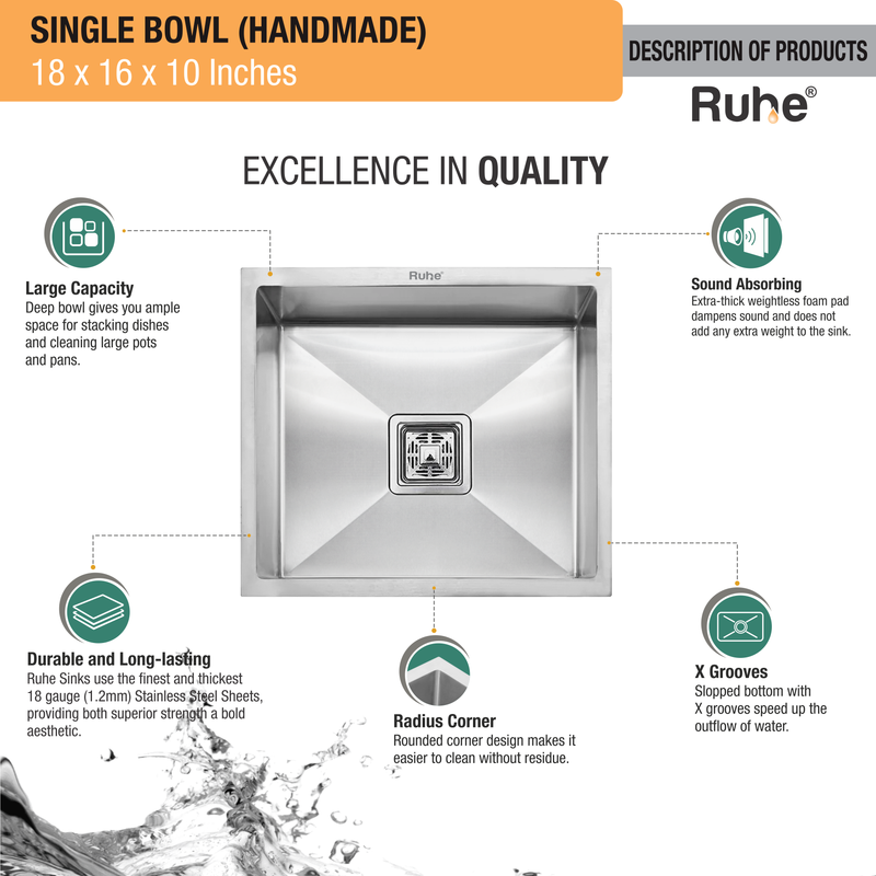 Handmade Single Bowl Kitchen Sink (18 x 16 x 10 Inches)
