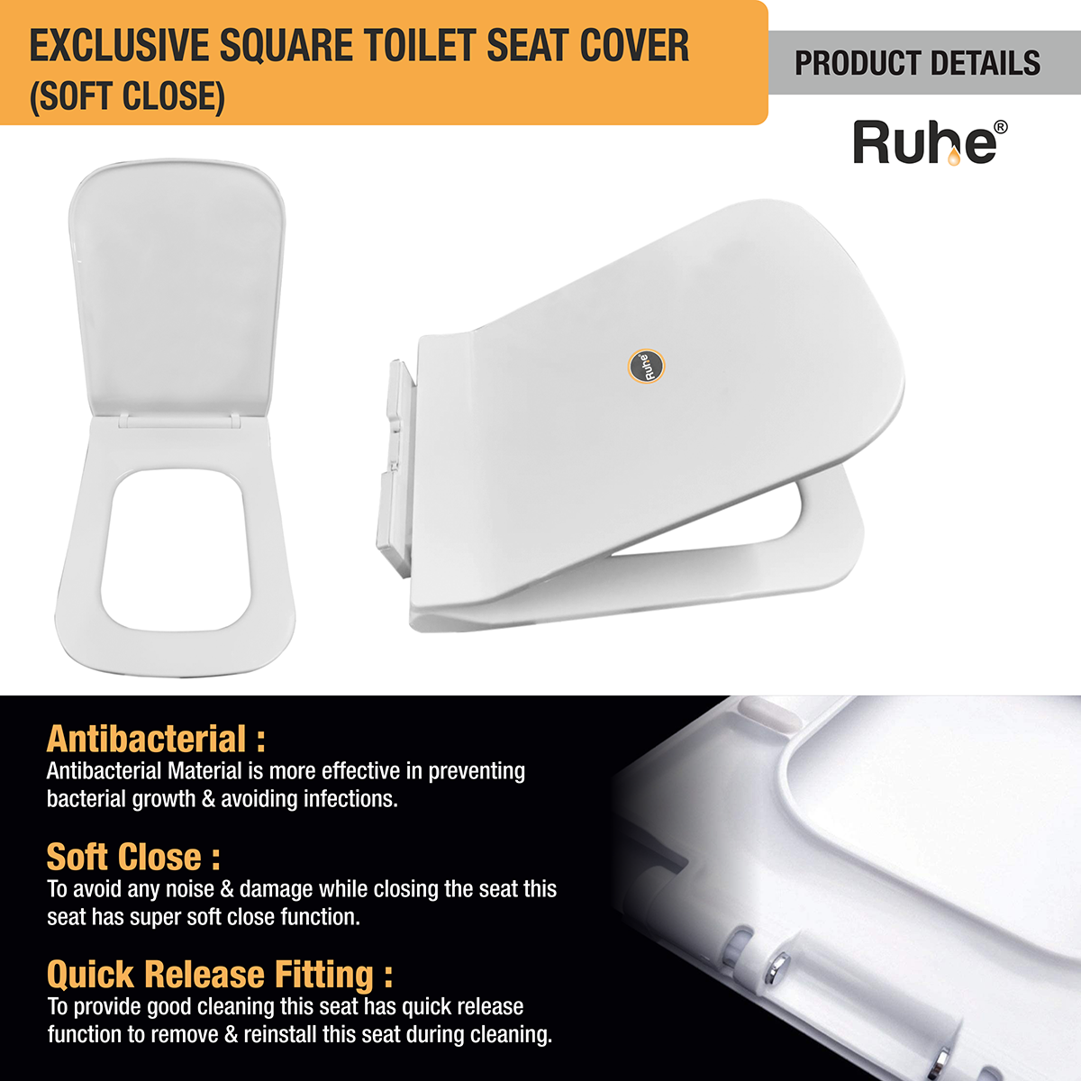Exclusive Square Toilet Seat Cover (White) (Soft Close) - by Ruhe