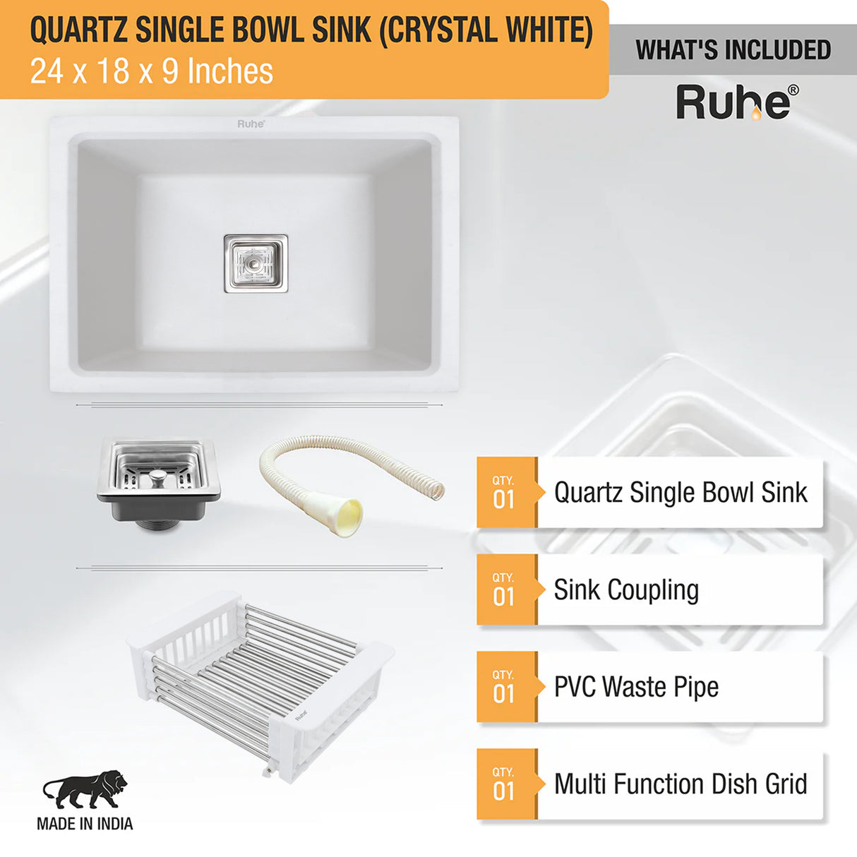 Quartz Single Bowl Kitchen Sink - Crystal White (24 x 18 x 9 inches) - by Ruhe®