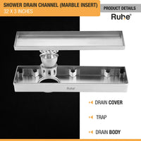 Marble-Insert 304-Grade Shower Drain Channel (3 Inches)