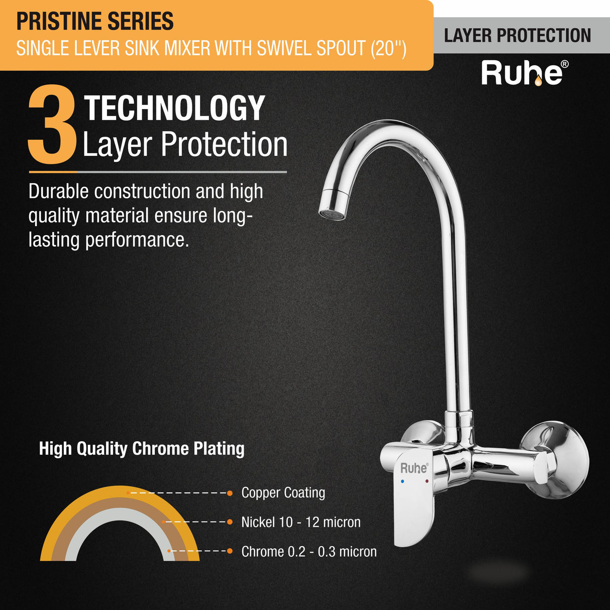 Pristine Single Lever Wall-mount Brass Mixer Faucet with Swivel Spout (20 Inches) - by Ruhe®