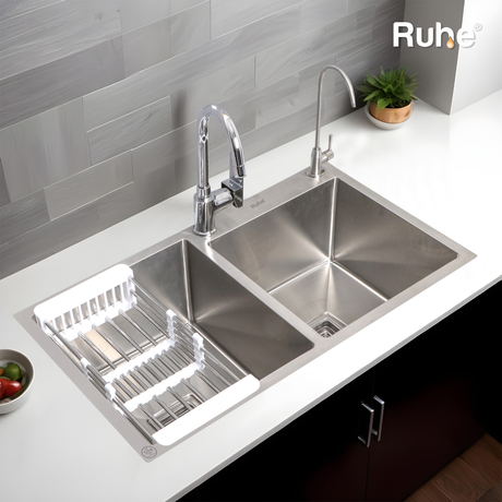 Handmade Double Bowl 304-Grade Kitchen Sink with Tap Hole (32 x 18 x 10 Inches) - by Ruhe