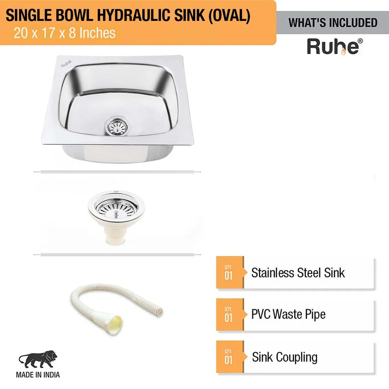 Oval Single Bowl Premium Kitchen Sink (20 x 17 x 8 Inches)