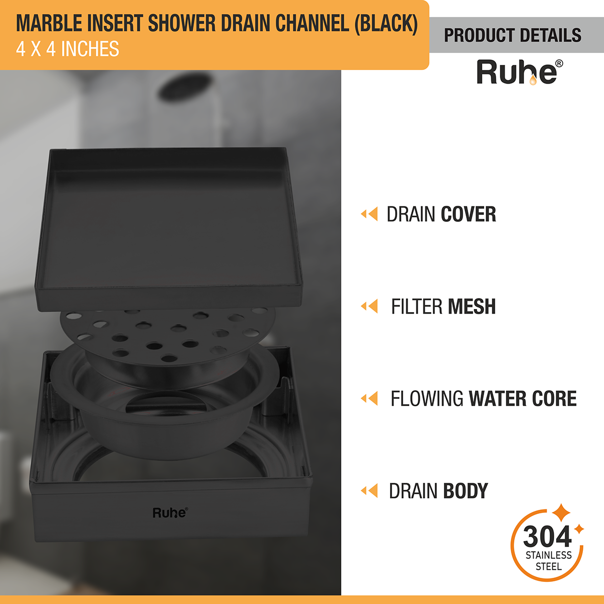 Marble Insert Shower Drain Channel (4 x 4 Inches) Black PVD Coated - by Ruhe®