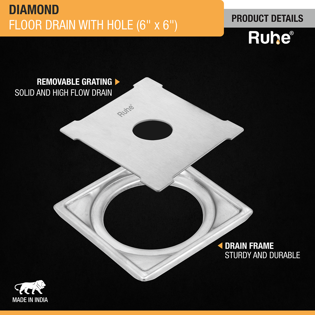 Diamond Square 304-Grade Floor Drain with Hole (6 x 6 Inches) - by Ruhe®