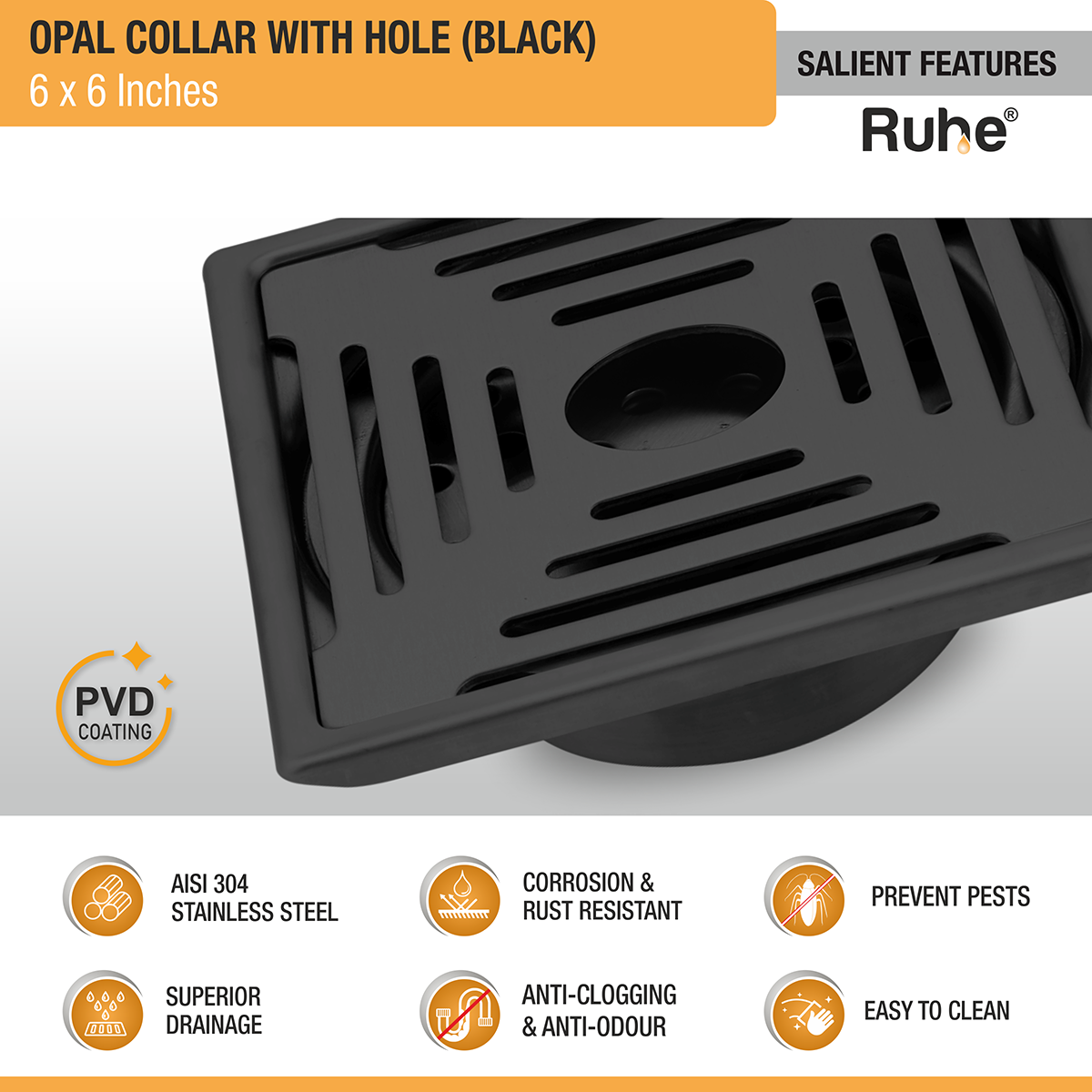 Opal Square 304-Grade Floor Drain in Black PVD Coating (6 x 6 Inches) with Hole - by Ruhe