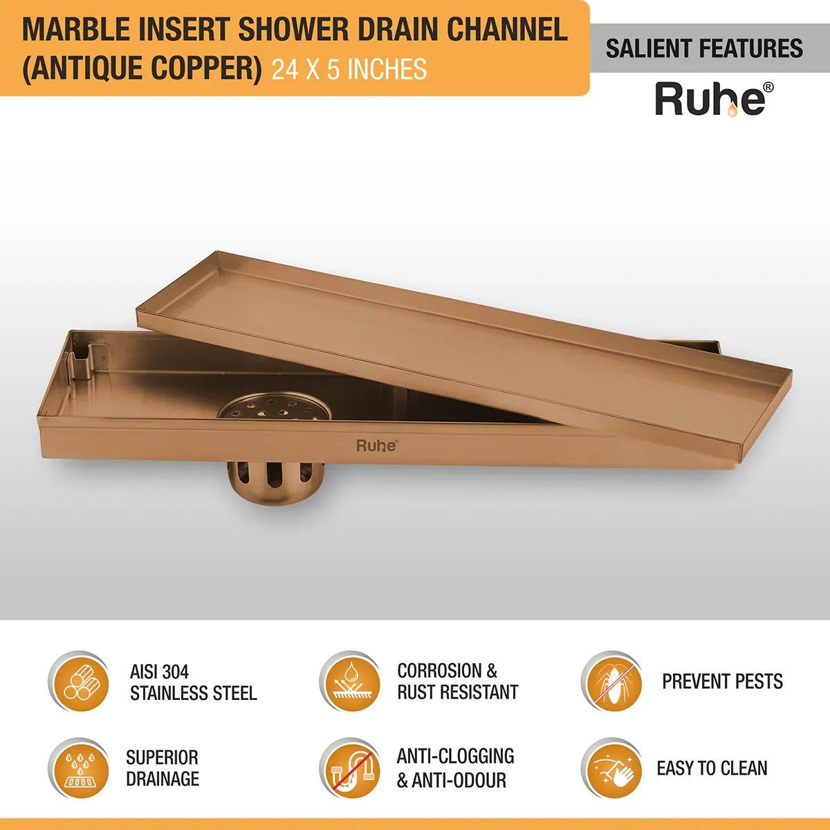 Marble-Insert Shower Drain Channel 5 inches