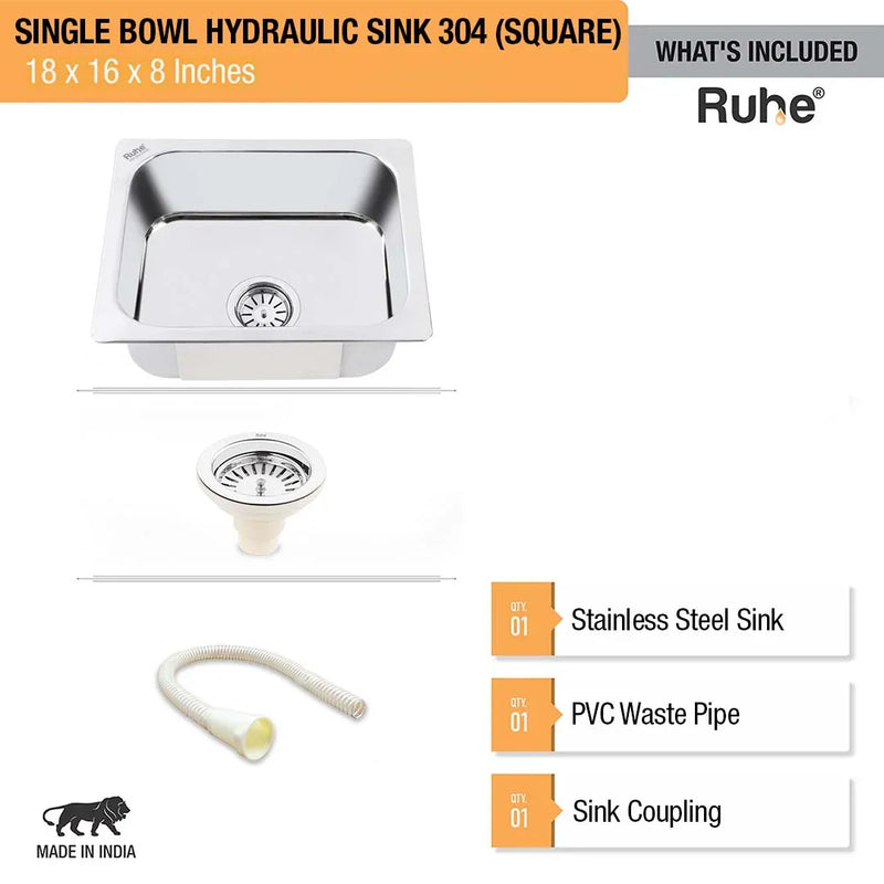 Single Bowl Kitchen Sink 304-Grade (18 x 16 x 8 Inches)