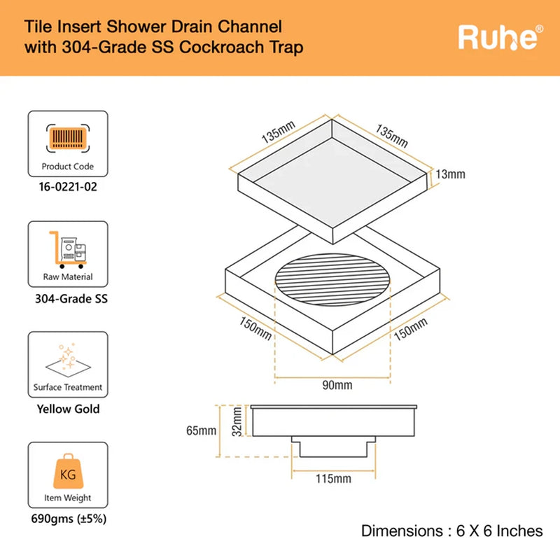Tile-Insert Shower Drain Channel (6 x 6 Inches)