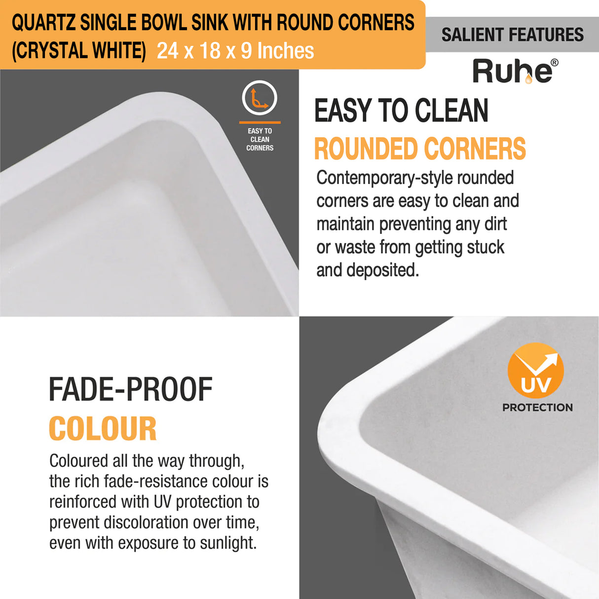 Quartz Single Bowl Kitchen Sink with Rounded Corners - Crystal White (24 x 18 x 9)  - by Ruhe®