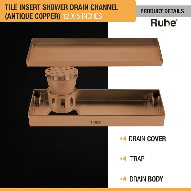 Tile Insert Shower Drain Channel (12 x 5 Inches) Antique Copper PVD Coated - by Ruhe