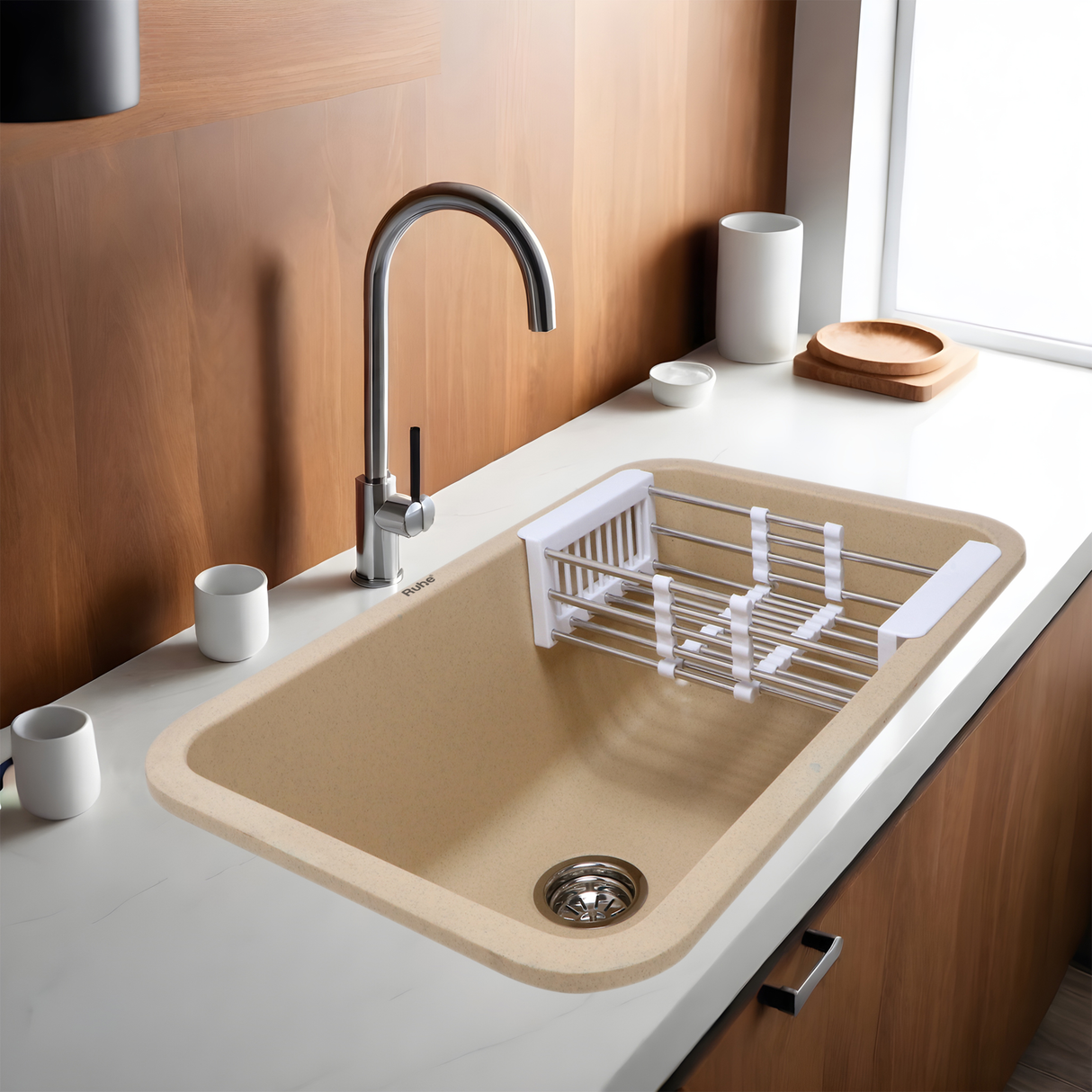 Sand Choco Quartz Single Bowl Kitchen Sink  (31 x 19 x 9 inches) - by Ruhe