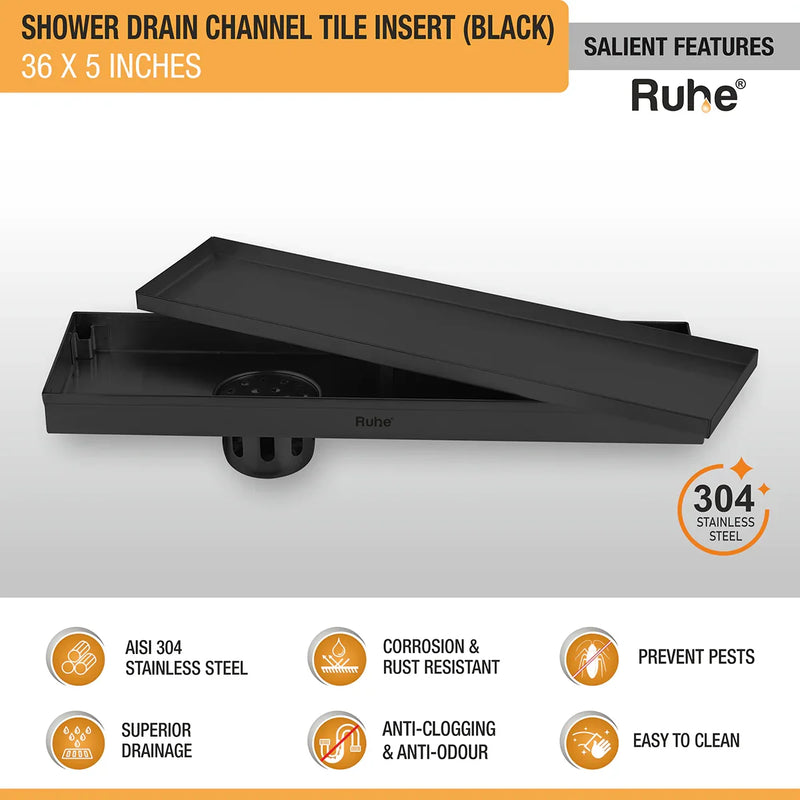 Tile Insert Shower Drain Channel (36 x 5 Inches) Black PVD Coated - by Ruhe