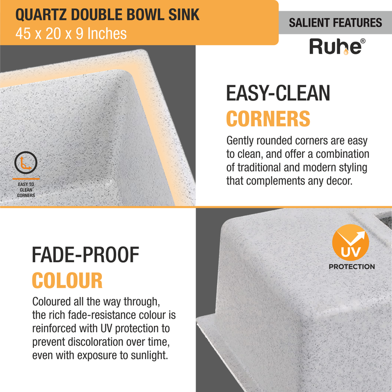Quartz Double Bowl Kitchen Sink (45 x 20 x 9 inches)
