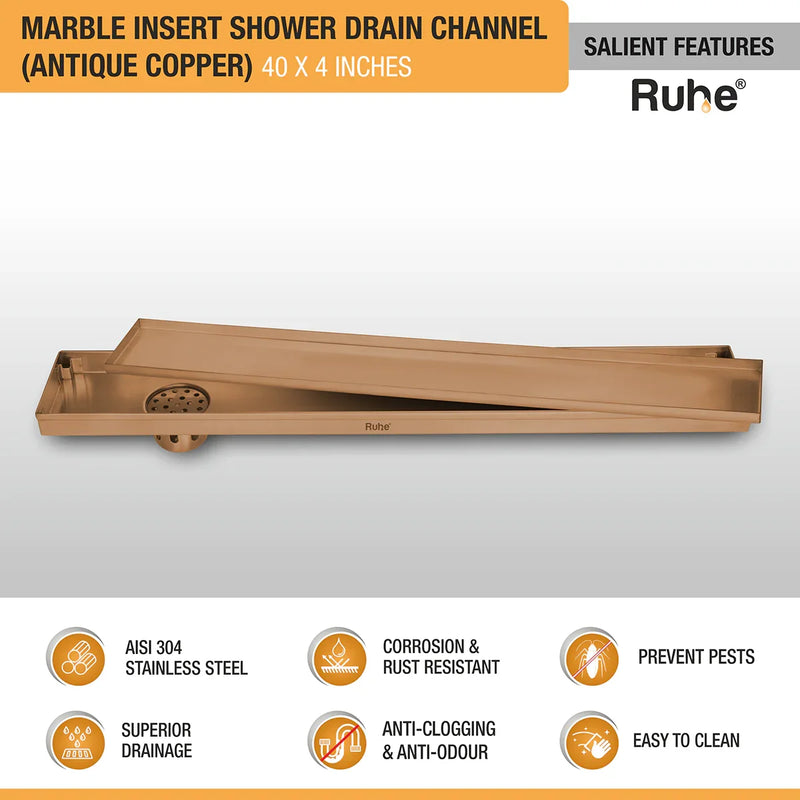 Marble Insert Shower Drain Channel (40 x 4 Inches) Antique Copper PVD Coated - by Ruhe