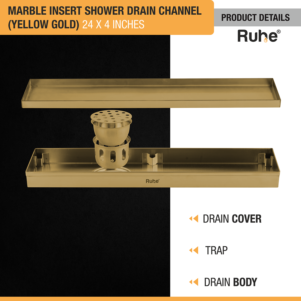 Marble Insert Shower Drain Channel (24 x 4 Inches) YELLOW GOLD PVD Coated with drain cover, trap, and drain body