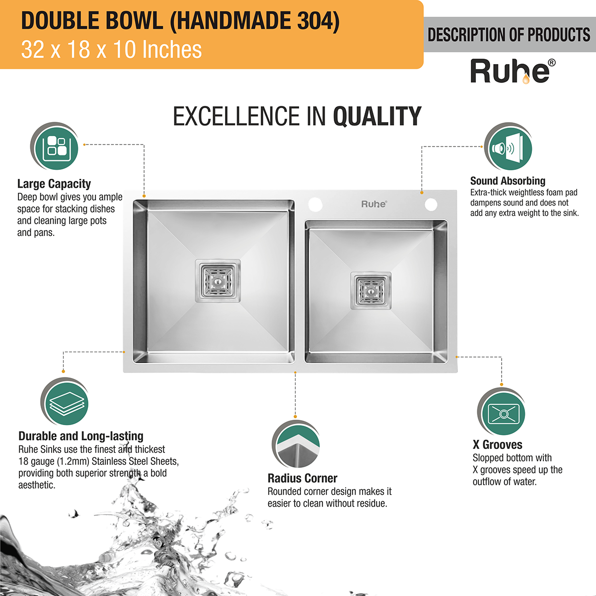 Handmade Double Bowl 304-Grade Kitchen Sink (32 x 18 x 10 Inches) with Tap  Hole - by Ruhe