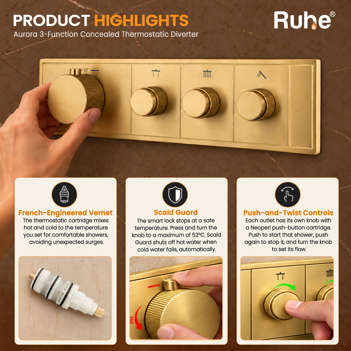 Aurora 3-Function Brass Concealed Thermostatic Diverter – Yellow Gold