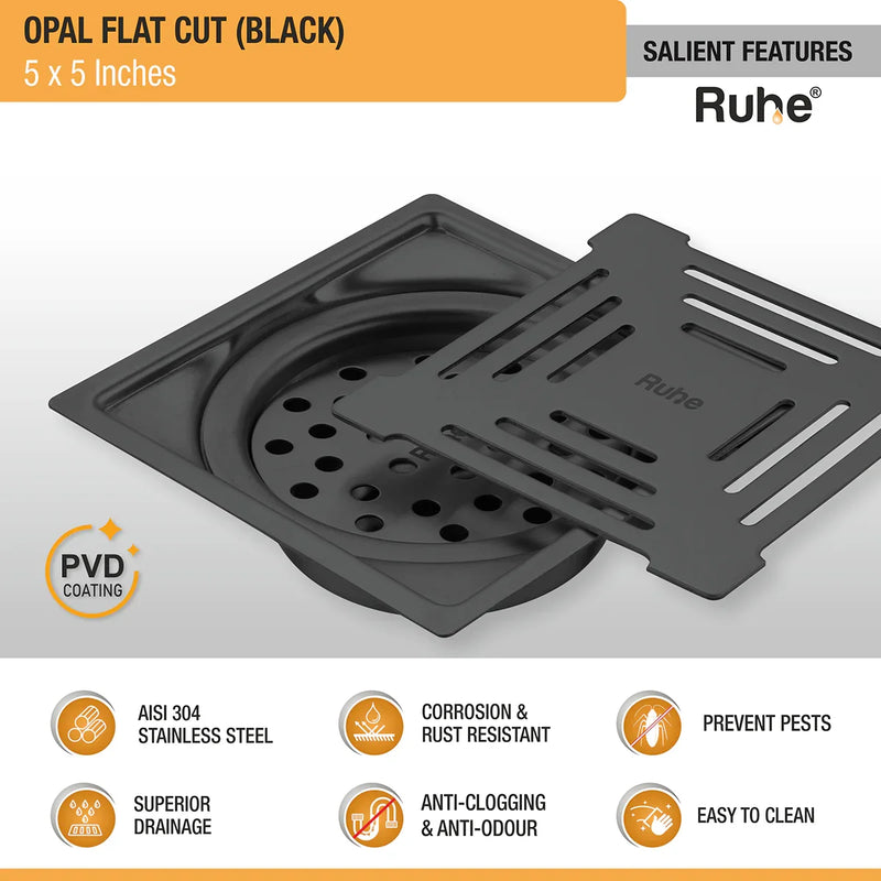 Opal Square Flat Cut Floor Drain in Black PVD Coating (5 x 5 Inches) - by Ruhe