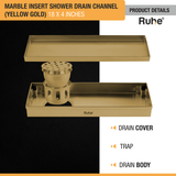 Marble Insert Shower Drain Channel (18 x 4 Inches) YELLOW GOLD PVD Coated with drain cover, trap, and drain body