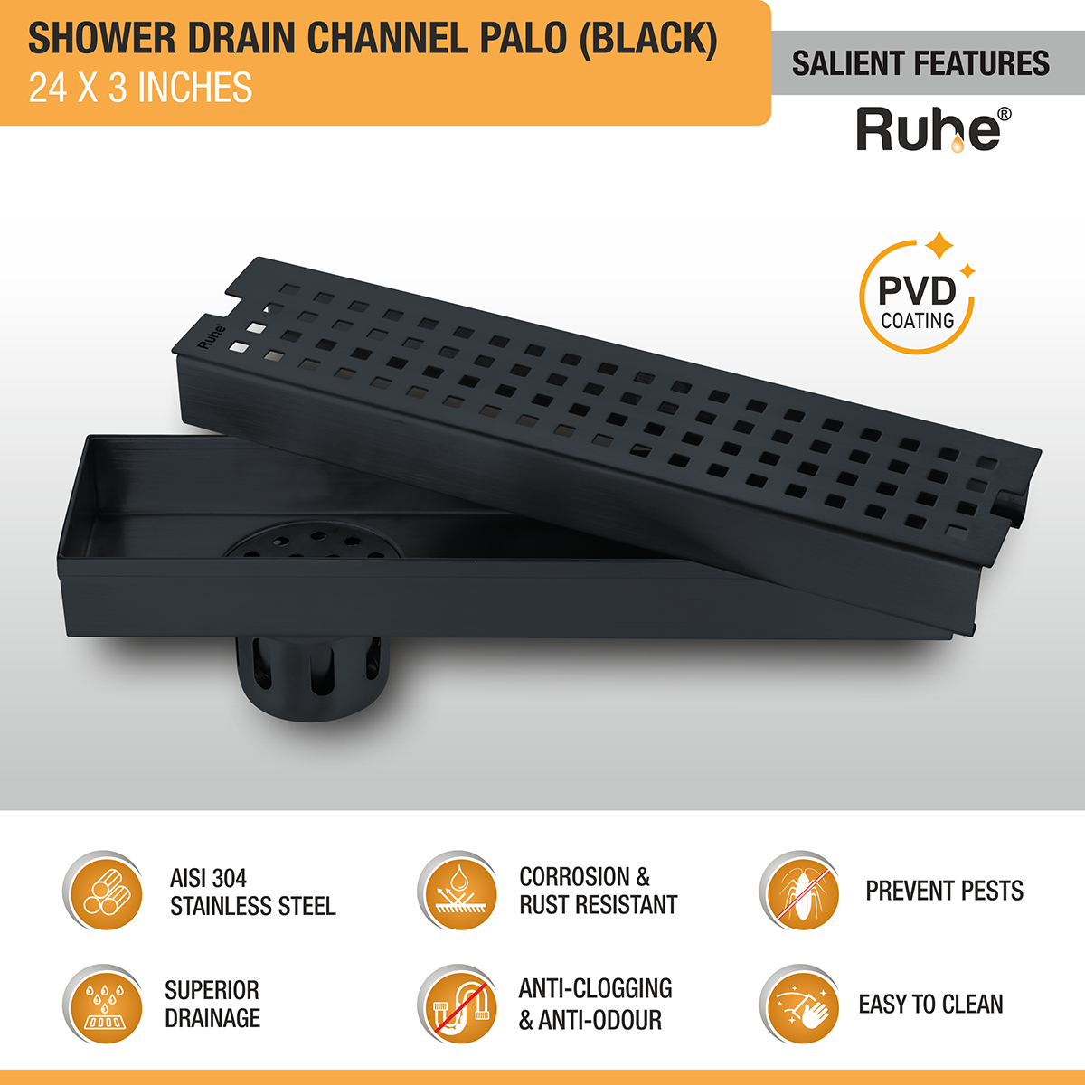Palo Shower Drain Channel (24 x 3 Inches) Black PVD Coated features and benefits