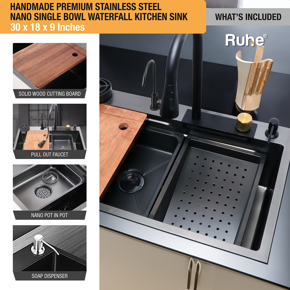  Handmade Premium Nano Kitchen Sink with Integrated Waterfall, Pull-Out & RO Faucet (30 x 18 x 9 Inches) 4