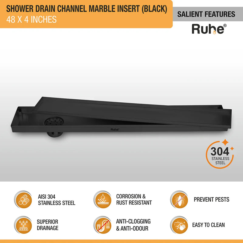 Marble Insert Shower Drain Channel (48 x 4 Inches) Black PVD Coated - by Ruhe
