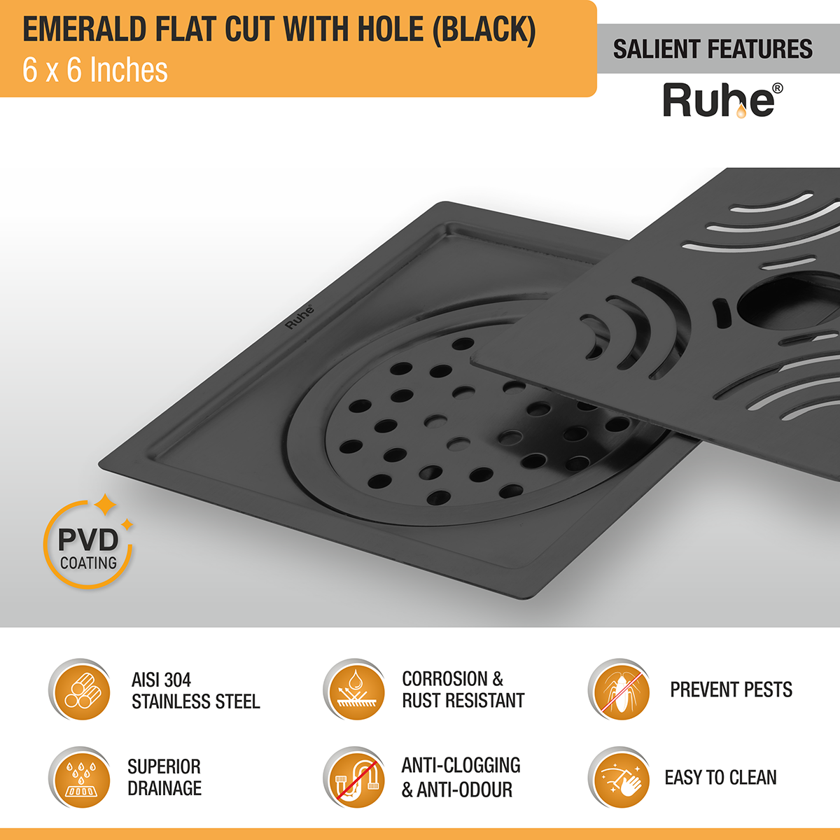 Emerald Square Flat Cut Floor Drain in Black PVD Coating (6 x 6 Inches) with Hole - by Ruhe