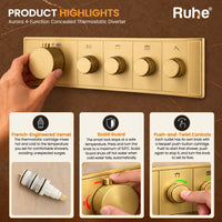 How the Aurora thermostatic diverter works: 38°C Safety Stop button and Push-and-Twist Controls