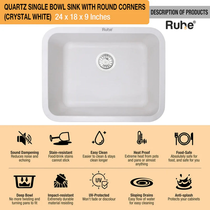 Quartz Single Bowl Round Kitchen Sink (24 x 18 x 9 Inches)