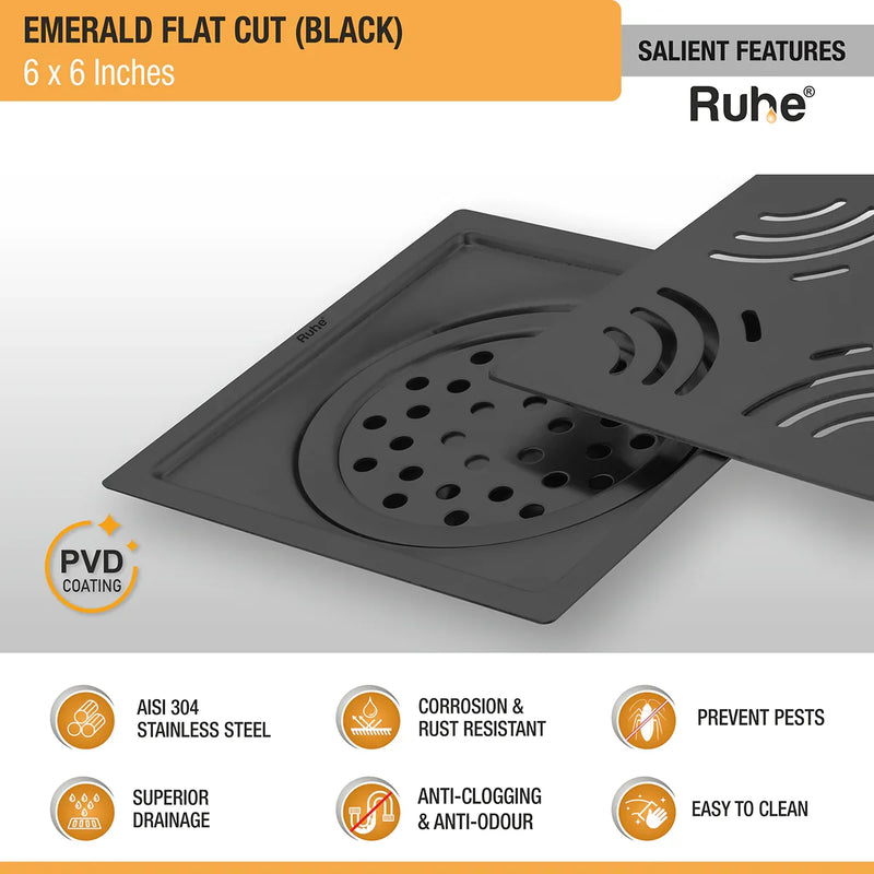 Emerald Square Flat Cut Floor Drain in Black PVD Coating (6 x 6 Inches) - by Ruhe
