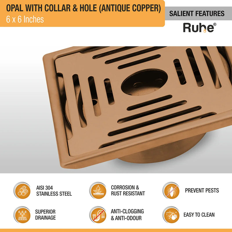 Opal Square Flat Cut Floor Drain in Antique Copper PVD Coating (6 x 6 Inches) with Hole - by Ruhe