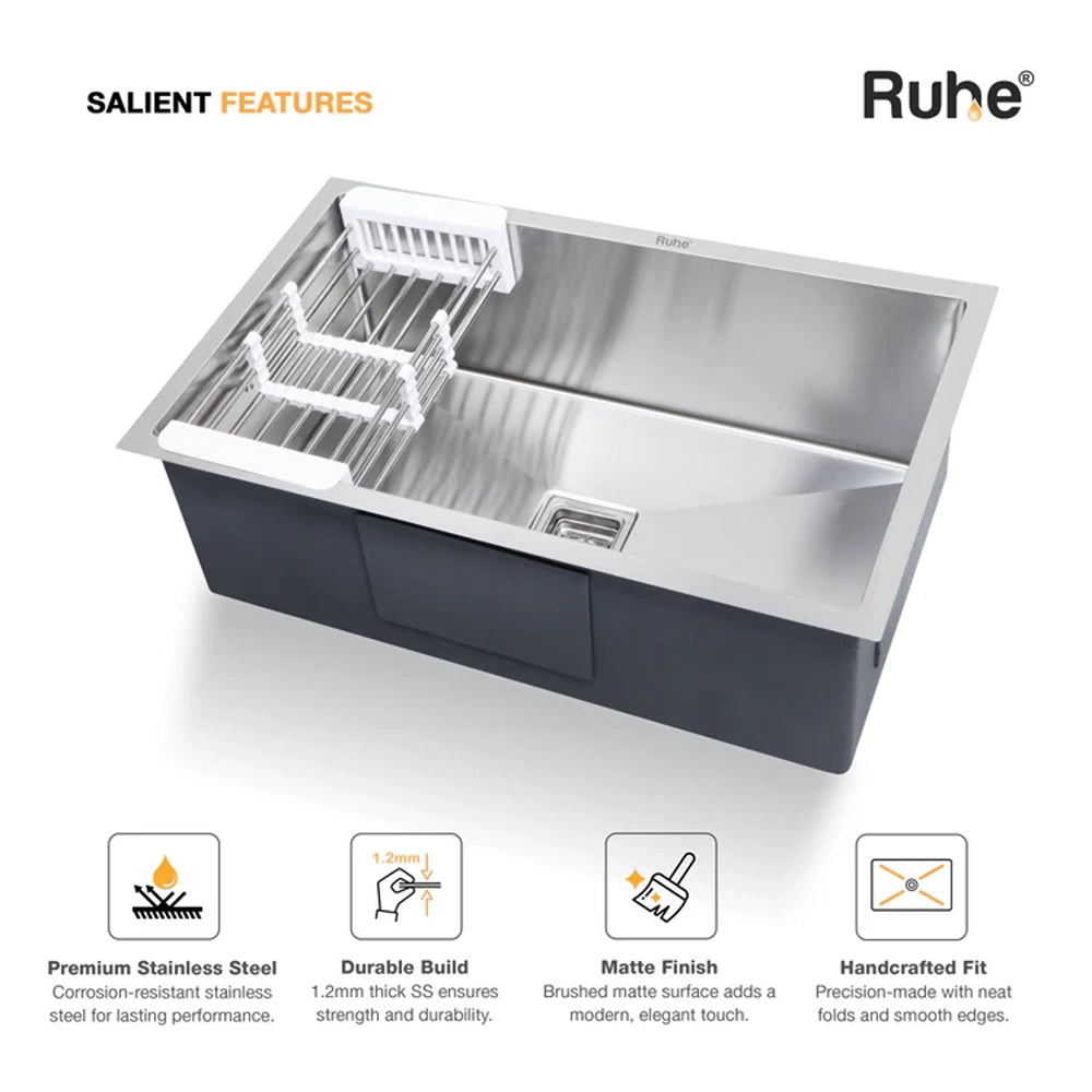 Handmade Stainless Steel Single Bowl Kitchen Sink (32 x 20 x 10 Inches)