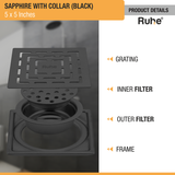 Sapphire Square 304-Grade Floor Drain in Black PVD Coating (5 x 5 Inches) with grating, inner filter, outer filter, frame