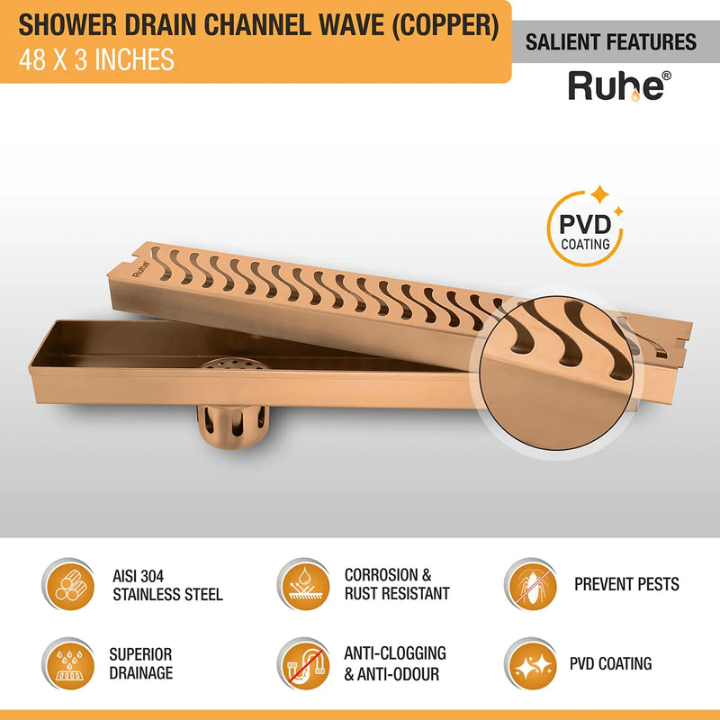 Wave Shower Drain Channel (48 x 3 Inches) Antique Copper PVD Coated - by Ruhe