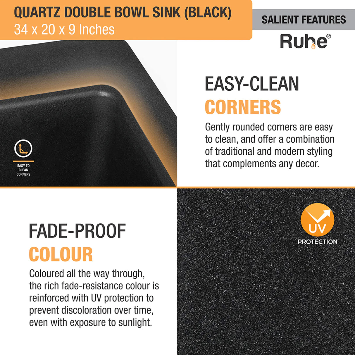 Quartz Double Bowl Kitchen Sink - Matte Black (34 x 20 x 9 inches) - by Ruhe®