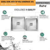 Handmade Double Bowl 304-Grade (42 x 20 x 10 Inches) Kitchen Sink with Tap Hole  - by Ruhe®