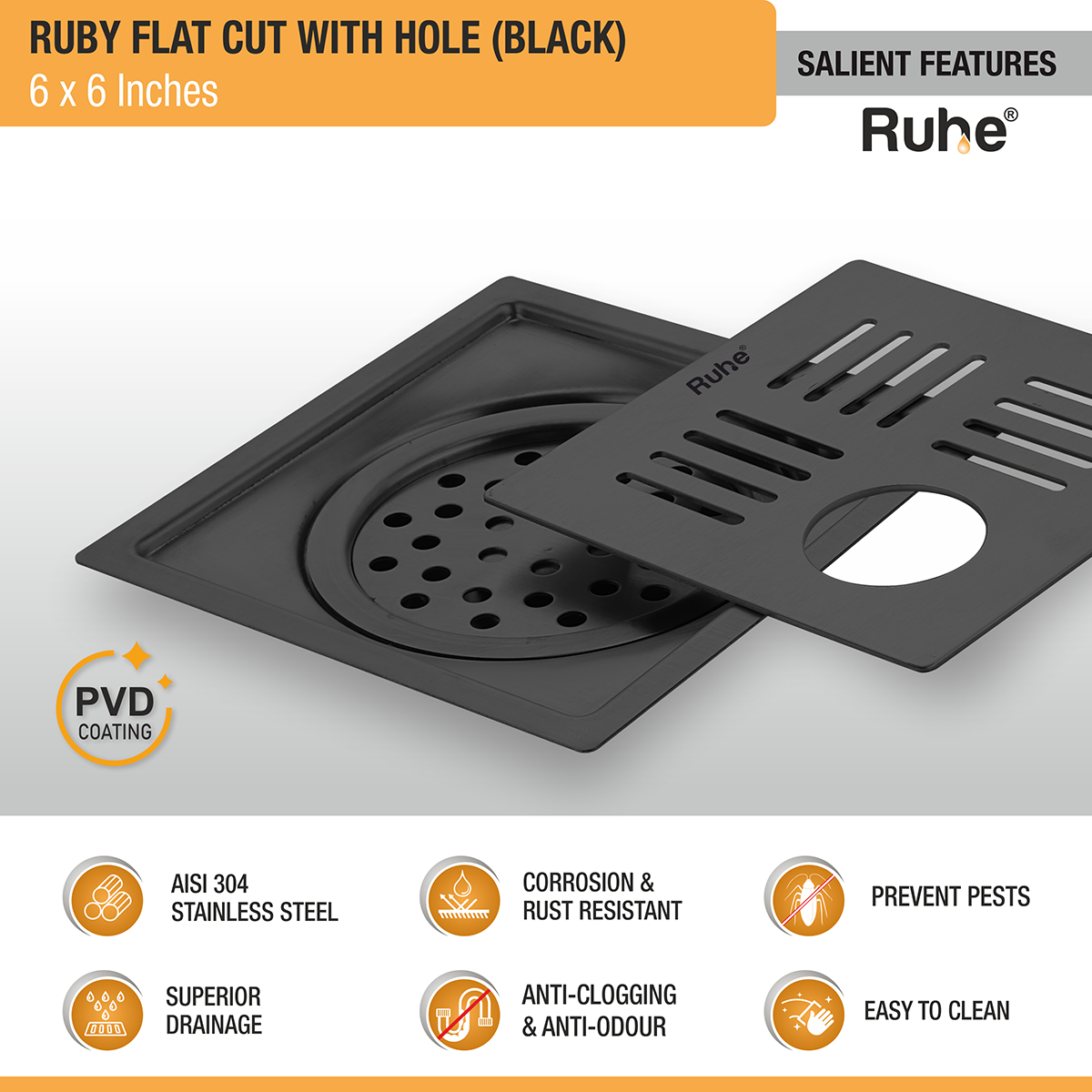 Ruby Square Flat Cut Floor Drain in Black PVD Coating (6 x 6 Inches) with Hole - by Ruhe